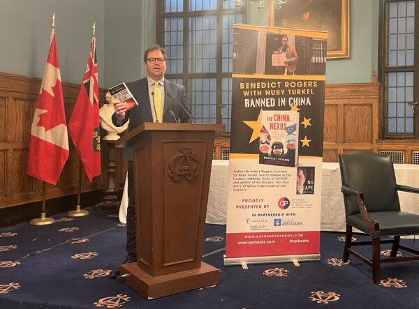 Publisher Dean Baxendale speaks at a book launch event for “China Nexus” in Toronto on Nov. 25, 2022. (Omid Ghoreishi/The Epoch Times)