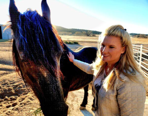 Simone Netherlands tends to an older horse at the Salt River Wild Horse Management Group sanctuary in Prescott, Ariz., on Nov. 30, 2022. (Allan Stein/The Epoch Times)