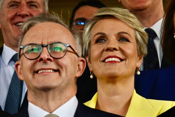 Australian Prime Minister Anthony Albanese and Australian Environment Minister Tanya Plibersek are seen after a swearing-in ceremony at Government House in Canberra, Wednesday, June 1, 2022. (AAP Image/Lukas Coch)