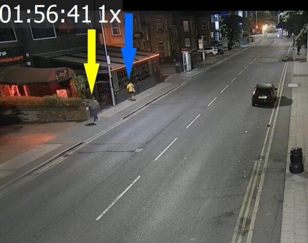An image from CCTV footage of Jordan McSweeney following an unidentified woman along a street in Ilford, east London, in the early hours of June 26, 2022. (Metropolitan Police).