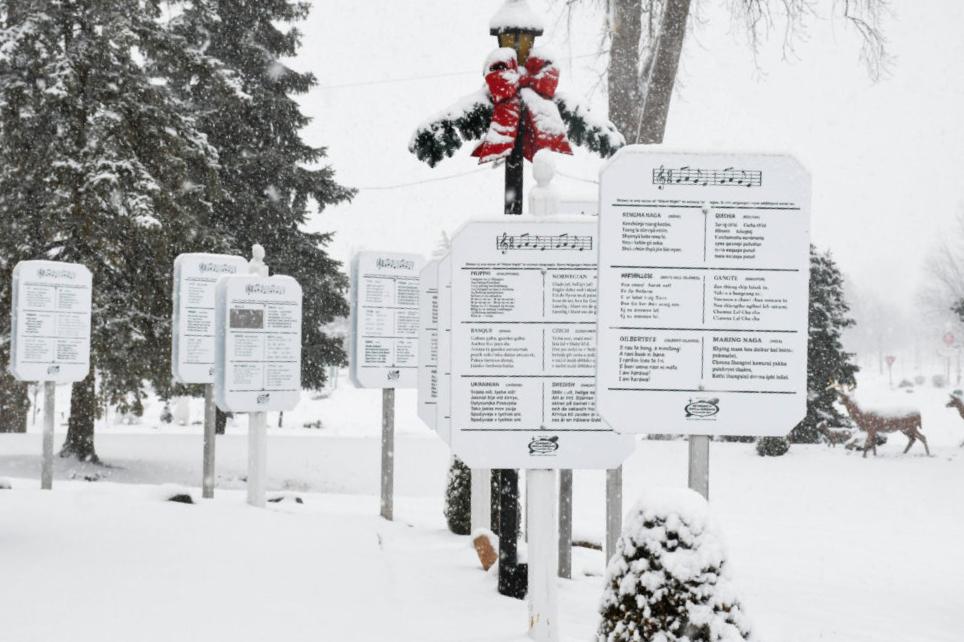 The walkway is lined with plaques with the first verse of “Silent Night” in over 300 languages. (Bronner's CHRISTmas Wonderland)