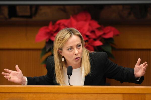 Italian Premier Giorgia Meloni holds her year-end press conference in Rome, on Dec. 29, 2022. (Alessandra Tarantino/AP Photo)