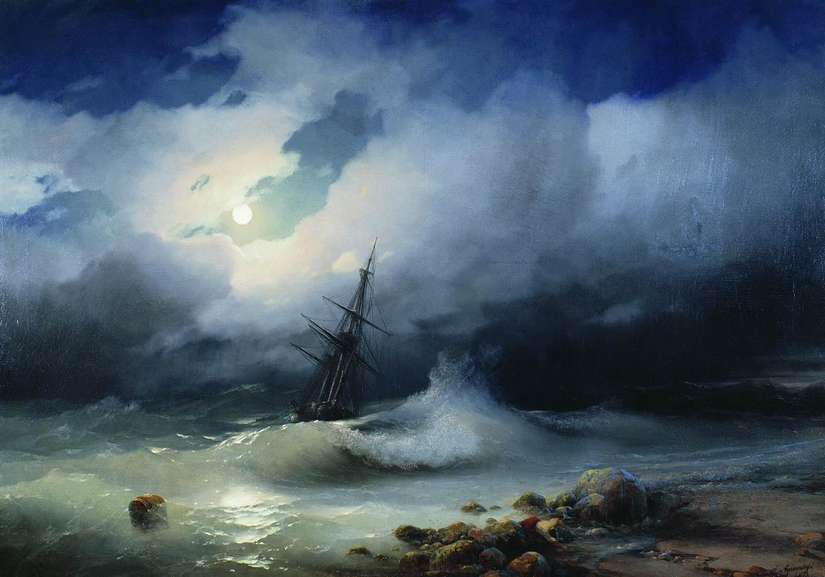 "Stormy Sea at Night" (1853). (<a href="https://commons.wikimedia.org/wiki/File:%D0%91%D1%83%D1%80%D0%BD%D0%BE%D0%B5_%D0%BC%D0%BE%D1%80%D0%B5_%D0%BD%D0%BE%D1%87%D1%8C%D1%8E_-_%D0%90%D0%B9%D0%B2%D0%B0%D0%B7%D0%BE%D0%B2%D1%81%D0%BA%D0%B8%D0%B9.jpg">Public Domain</a>)