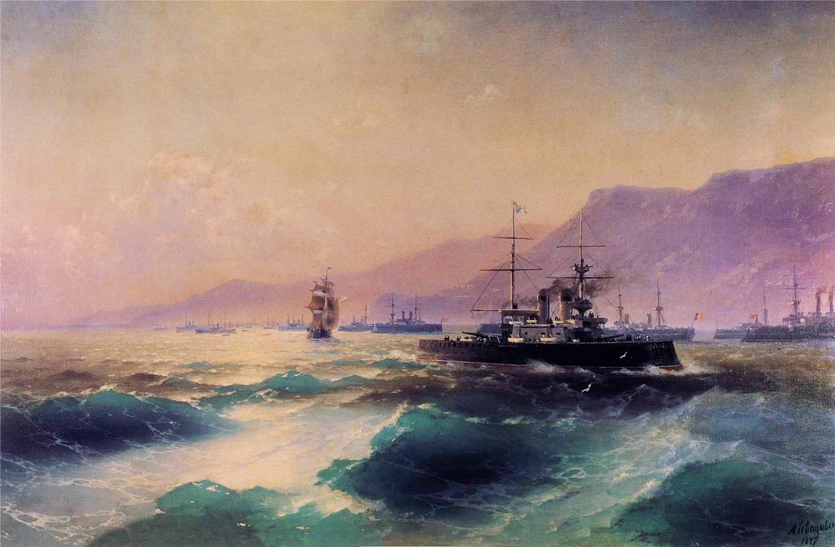 "Gunboat off Crete" (1897). (<a href="https://commons.wikimedia.org/wiki/File:Ivan_Constantinovich_Aivazovsky_-_Gunboat_off_Crete.JPG">Public Domain</a>)