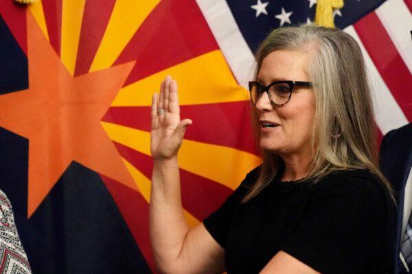 The new Arizona Democratic Gov. Katie Hobbs takes the oath of office in a ceremony at the state Capitol in Phoenix, on Jan. 2, 2023. (Ross D. Franklin/AP Photo)