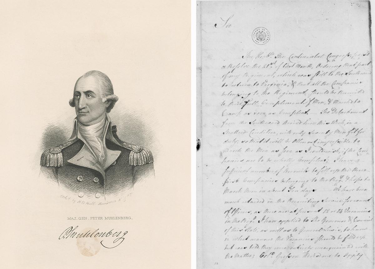 Gen. Peter Muhlenberg and his correspondence with George Washington during the Revolutionary War. (L) "Maj. Gen. Peter Muhlenberg," between circa 1750–1880. (R) General Correspondence between Peter Muhlenberg and George Washington on Feb. 23, 1777. Library of Congress. (Public Domain)