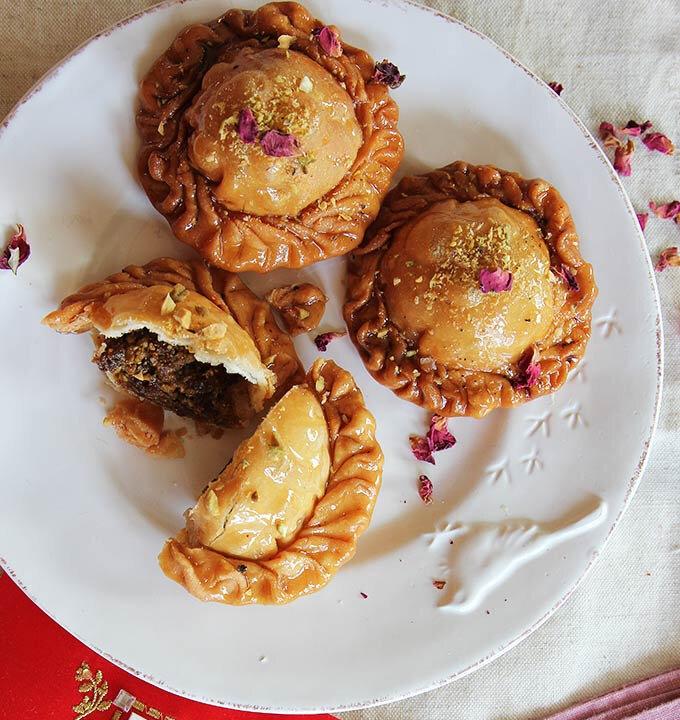 Pistachio and Apricot Pastries (Chandrakala) in Rose Syrup