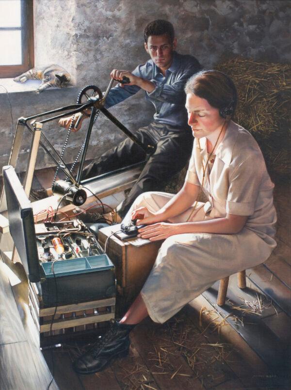 Virginia Hall operated a 111 MKII Radio in 1944 to send intelligence reports in Morse code to the Office of Strategic Services. To generate electricity, the radio was attached to a car battery that was charged by pedaling an upturned bicycle frame. “The Daisies Will Bloom at Night” by Jeffrey W. Bass, 2006. Oil painting. (Public domain)