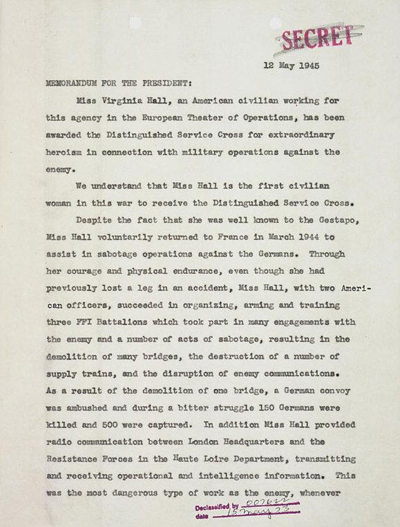 A May 12, 1945, memorandum to the president from Gen. Donovan regarding the Distinguished Service Cross awarded to Hall. (Public domain)