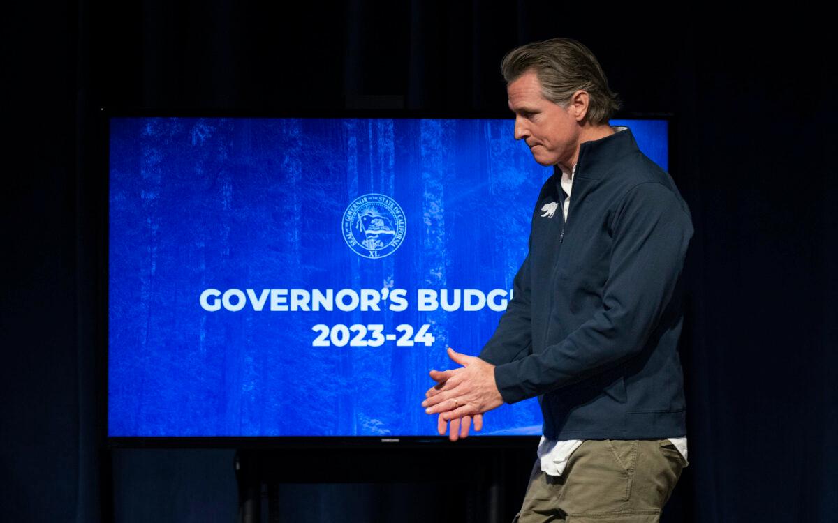 California Gov. Gavin Newsom leaves the stage after delivering his budget proposal in Sacramento on Jan. 10, 2023. (José Luis Villegas/AP Photo)