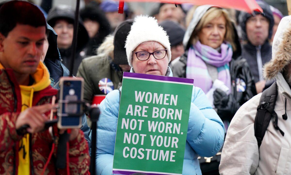 Supporters of the Scottish Family Party take part in an anti Gender Reform Bill demonstration and protest against changes to guidance regarding sex education in schools outside the Scottish Parliament in Edinburgh on Jan. 12, 2023. (Jane Barlow/PA Media)