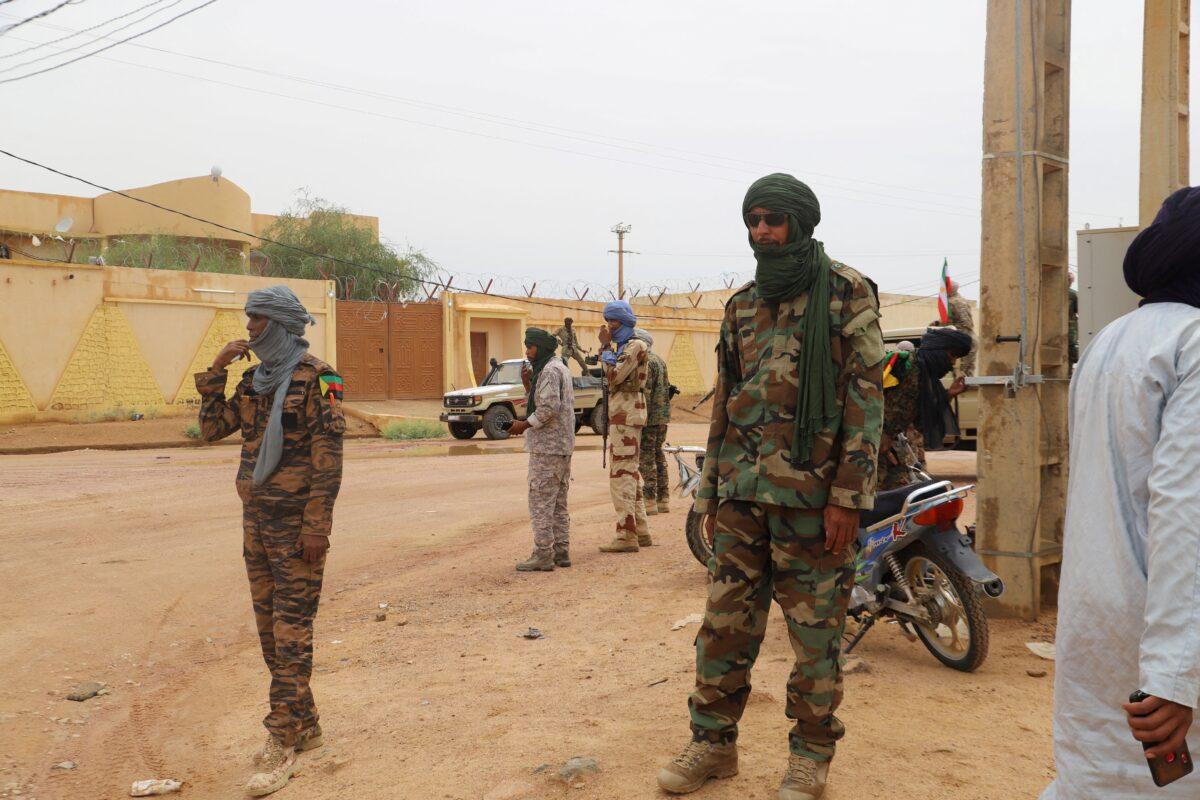 Fighters for The National Movement for the Liberation of Azawad (MNLA) petrol during the Congress for the Fusion of Movements in Kidal, Mali, on Aug. 28, 2022. (Souleymane Ag Anara/AFP via Getty Images)