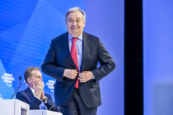 United Nations Secretary-General Antonio Guterres speaks during the 53rd annual meeting of the World Economic Forum in Davos, Switzerland, on Jan. 18, 2023. (Gian Ehrenzeller/Keystone via AP)