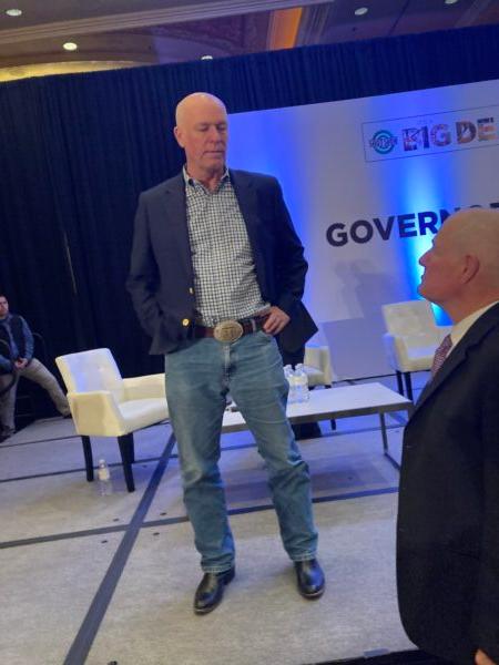 Montana Gov. Greg Gianforte speaks with attendees at a Jan. 18 governors' forum during the 45th annual Shooting Hunting Outdoors Trade (SHOT) Show that drew 60,000 to Las Vegas. (John Haughey/Epoch Times)