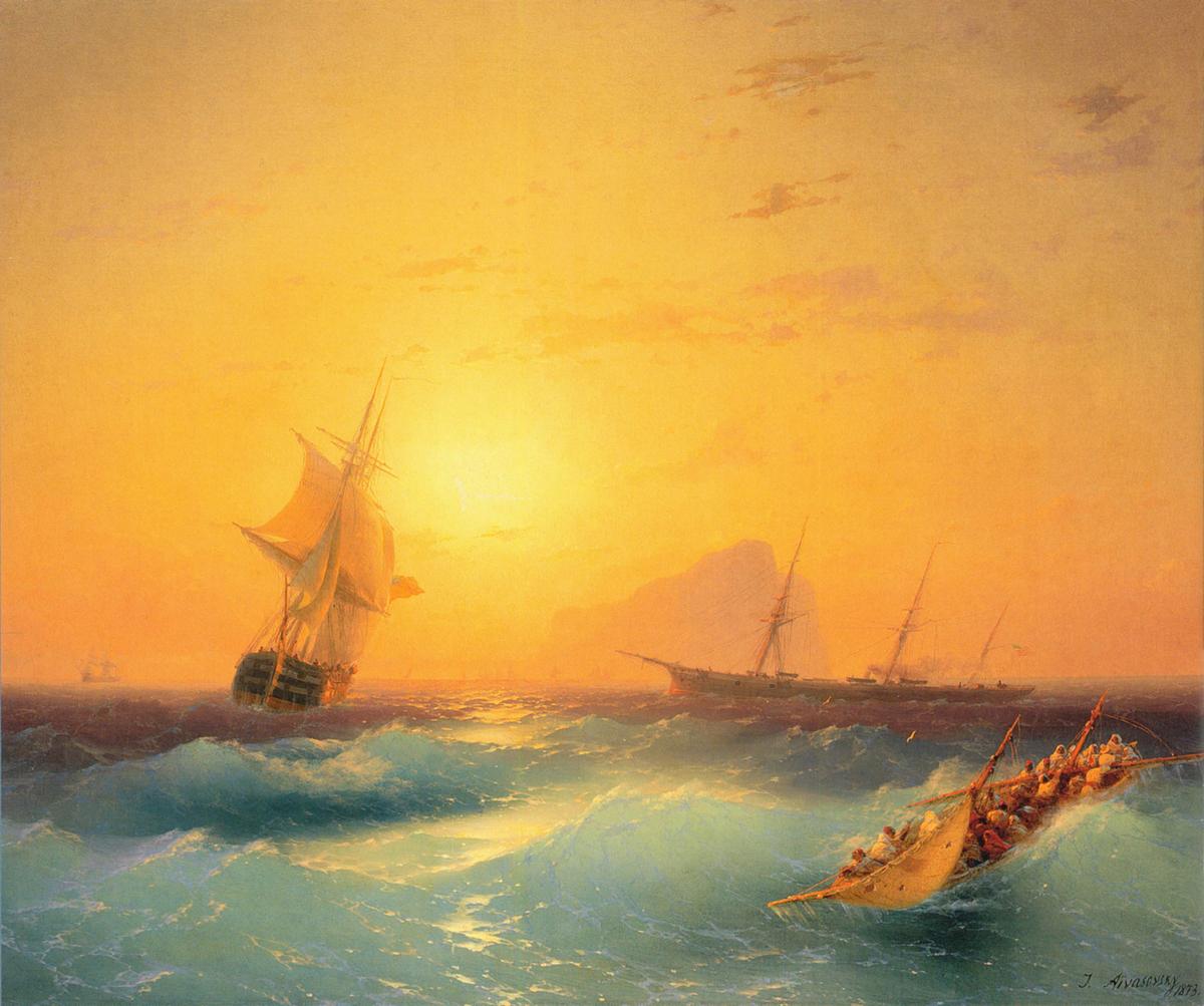 "American Shipping off the Rock of Gibraltar" (1873). (<a href="https://commons.wikimedia.org/wiki/File:Aivazovsky_gibraltar.jpg">Public Domain</a>)