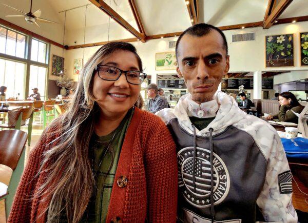 Brian and Rocio Alvarado, advocates for homeless veterans at the West Lost Angeles VA Medical Center in Brentwood, Calif., on Jan. 16, 2023. (Allan Stein/The Epoch Times)
