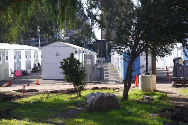 New "tiny homes" built for 140 homeless veterans sit on 388 acres at the West Los Angeles VA Medical Center in Brentwood, Calif., on Jan. 16, 2023. (Allan Stein/The Epoch Times)