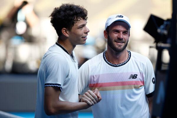 Ben Shelton of the United States and Tommy Paul of the United States embrace at the net in the Quarterfinal singles match during day ten of the 2023 Australian Open at Melbourne Park in Melbourne, Australia, on Jan. 25, 2023. (Daniel Pockett/Getty Images)