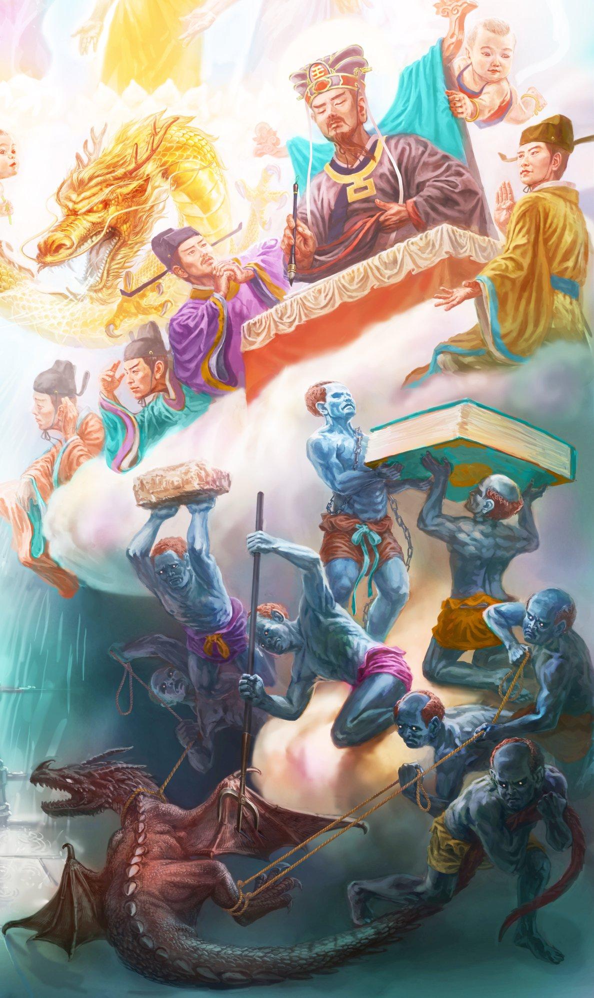 A section of the painting "The Choice of Future": The King of Hell sits on the cloud confirming judgments based on the accounts and proofs being passed onto him. Seen below is the evil red dragon, which represents communism and its worldwide crimes, and devils are ready to punish it in hell. (Courtesy of Loc Minh Duong)