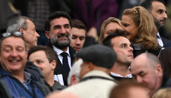 New owners, Chairman Yasir Al-Rumayyan (l) and Amanda Staveley, part-owner of Newcastle United, smile as they are presented to the crowd from the directors box prior to the Premier League match between Newcastle United and Tottenham Hotspur at St. James Park in Newcastle upon Tyne, England, on Oct. 17, 2021. (Stu Forster/Getty Images)