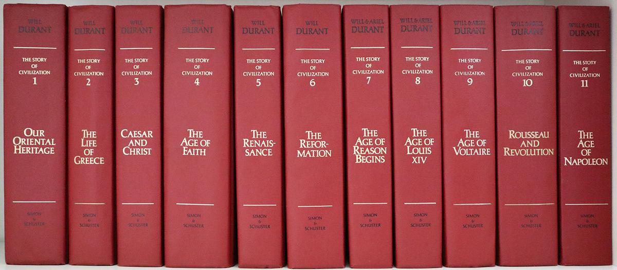 The collection of 11 volumes of "The Story of Civilization” by Will and Ariel Durant. (<a href="https://commons.wikimedia.org/wiki/User:Maksimsokolov">Maksim Sokolov</a>/<a href="https://creativecommons.org/licenses/by-sa/4.0/deed.en"> CC BY-SA 4.0</a>)