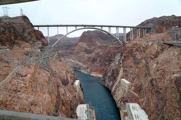 The Colorado River supplies millions of gallons of water each day to drive the hydroelectric turbines at Hoover Dam on Jan. 16, 2023. (Allan Stein/The Epoch Times)