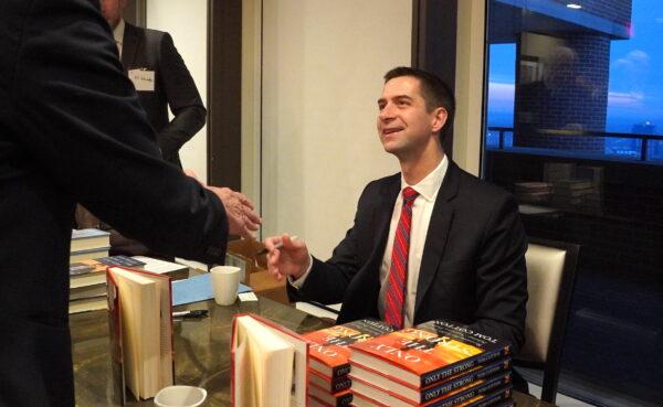 Sen. Tom Cotton (R-Ark.) at a book signing event in Vienna, Va., on Feb. 1, 2023. (Terri Wu/The Epoch Times)