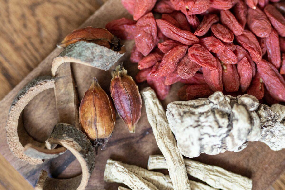 Common herbs in traditional Chinese medicine: goji berries, dong quai (female ginseng), dong gua pi (winter melon peel), zhi zi (gardenia seeds), rougui (cassia bark), and dang shen (codonopsis root). They are used to regulate energy imbalances in the body, which can lead to a healthier, more radiant complexion, according to Dr. Jingduan Yang. (Tatsiana Moon for American Essence)