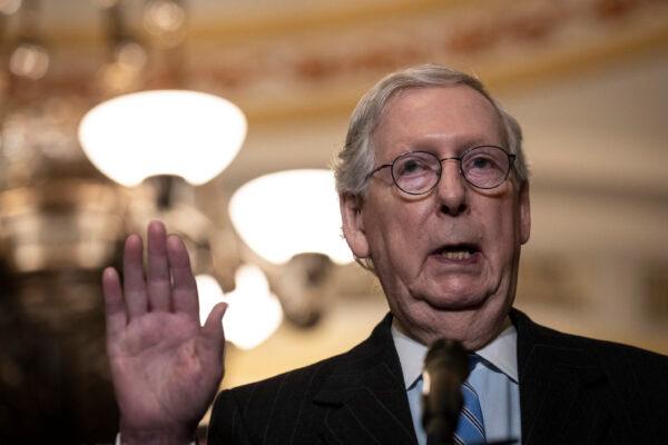 Senate Minority Leader Mitch McConnell (R-Ky.) speaks during a news conference following a closed-door lunch meeting with Senate Republicans at the Capitol in Washington on Jan. 31, 2023. (Drew Angerer/Getty Images)