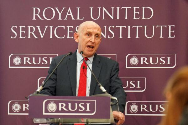 Shadow defence secretary John Healey speaks at the Institute of Directors, hosted by RUSI, in London, on Feb. 7, 2023. (James Manning/PA)