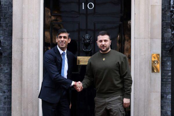 Ukrainian President Volodymyr Zelenskyy and UK Prime Minister Rishi Sunak meet outside 10 Downing Street in London on Feb. 8, 2023. (Henry Nicholls/Reuters)