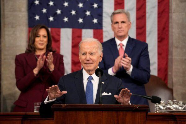 President Joe Biden delivers the State of the Union address to a joint session of Congress, as Vice President Kamala Harris and House Speaker Kevin McCarthy (R-Calif.) applaud, at the U.S. Capitol in Washington on Feb. 7, 2023. (Jacquelyn Martin/Pool via Reuters)