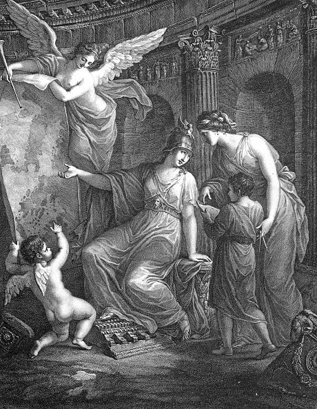 Athena, the Greek goddess of wisdom, instructs a young student to find his inspiration in Italy and Greece, circa 1778. (Archive Photos/Getty Images)
