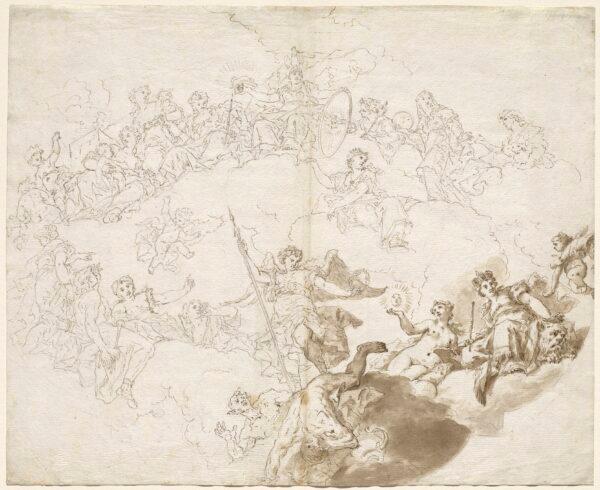 "The Triumph of Virtue and Divine Wisdom," 1736, by Livio Retti. Pen and brown ink with brown wash over graphite on laid paper; 17 1/2 inches by 21 1/4 inches. Wolfgang Ratjen Collection, Patrons' Permanent Fund, National Gallery of Art, Washington. (Public Domain)