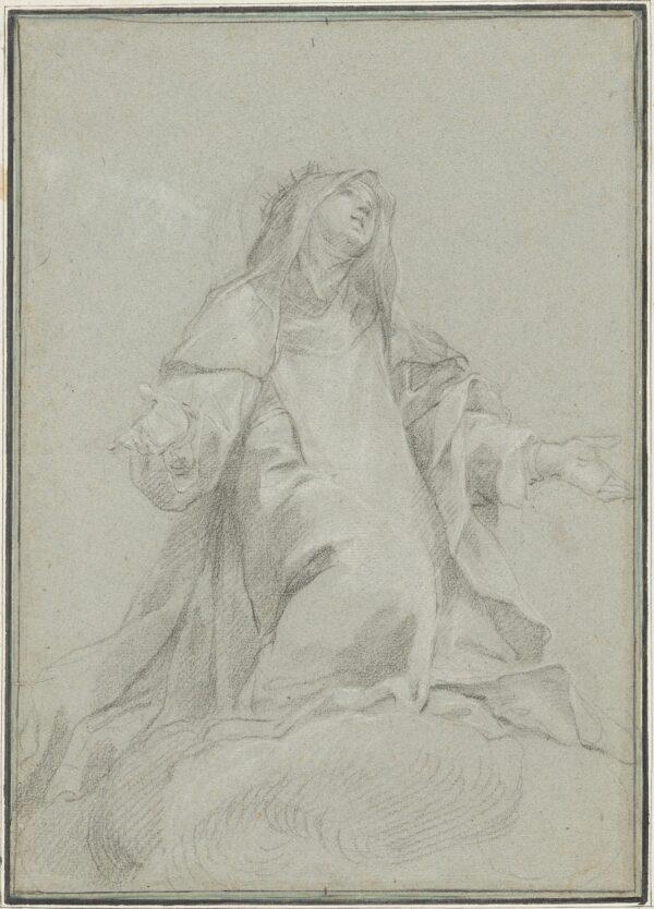 "Saint Catherine of Siena on a Cloud," circa 1696, by Luigi Garzi. Black chalk heightened with white chalk on blue laid paper; 15 1/4 inches by 10 5/8 inches. Purchased as the Gift of Robert B. Loper and Ailsa Mellon Bruce Fund, National Gallery of Art, Washington. (Public Domain)