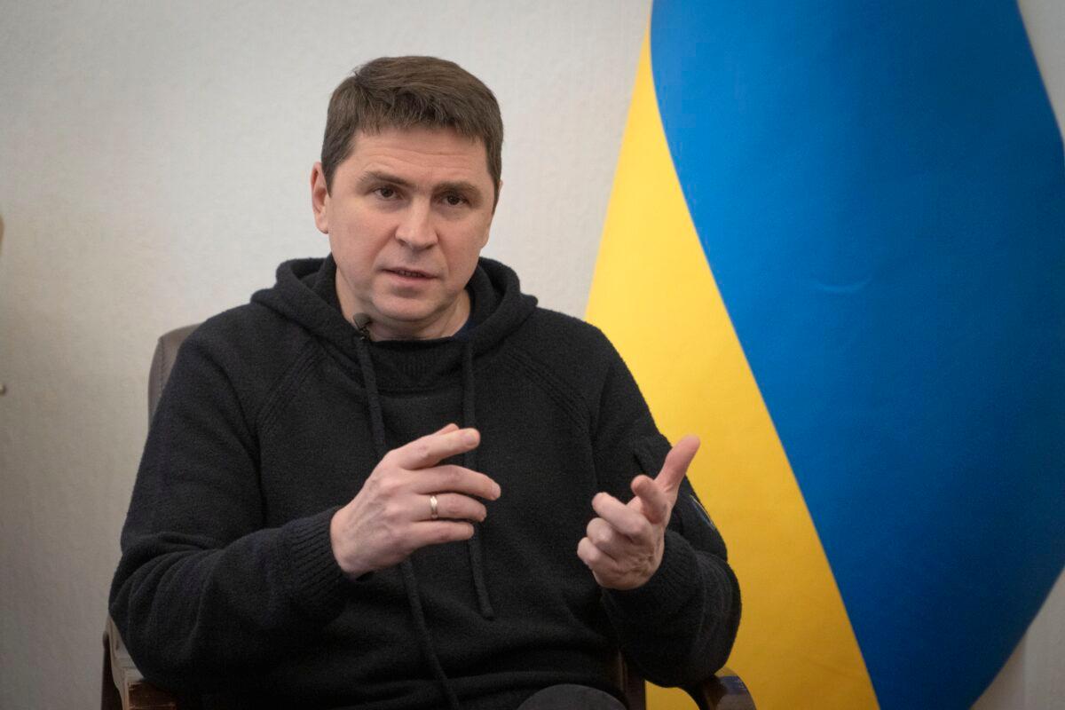 Ukrainian Presidential adviser Mykhailo Podolyak speaks during an interview with the Associated Press in Kyiv, Ukraine, on Feb. 16, 2023. (Efrem Lukatsky/AP Photo)