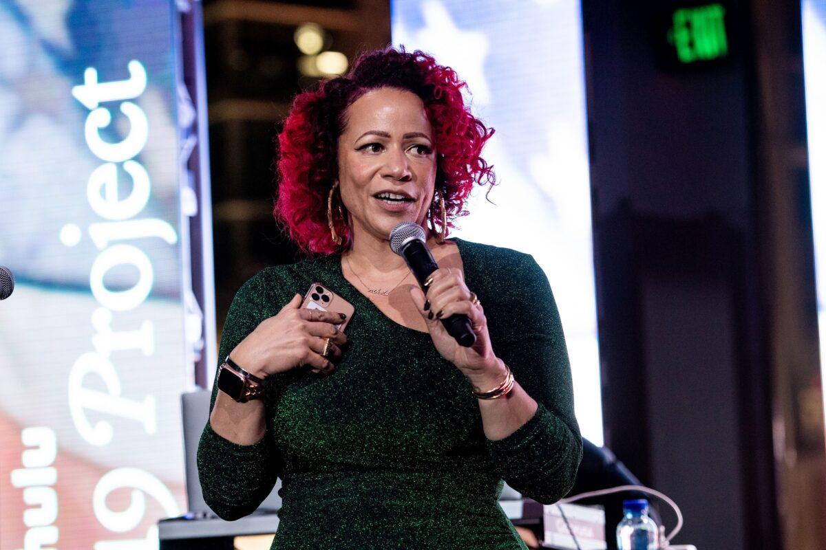 Nikole Hannah-Jones, an author of the 1619 Project, speaks during the 1619 Project: Exclusive Screening & Pop-Up Exhibit launch party at the GRAMMY Museum in Los Angeles, on Feb. 1, 2023. (Timothy Norris/Getty Images for The Recording Academy)