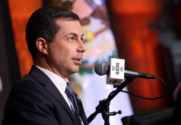 Secretary of Transportation Pete Buttigieg participates in a SiriusXM and GU Politics Townhall event, hosted by Julie Mason of SiriusXM and Mo Elleithee of GU Politics, on infrastructure at Georgetown University in Washington on Oct. 11, 2022. (Paul Morigi/Getty Images for SiriusXM)