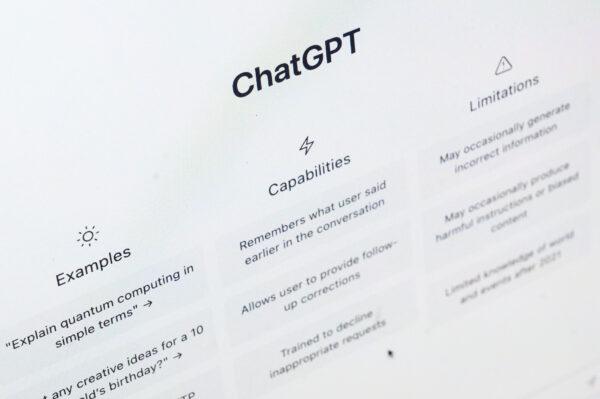 The home page for the OpenAI "ChatGPT" app is displayed on a laptop screen in London on Feb. 3, 2023. (Leon Neal/Getty Images)