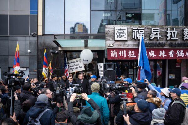 U.S. Rep. Mike Gallagher (R-Wis.) speaks at a press conference and rally in front of the America ChangLe Association highlighting Beijing’s transnational repression, in New York City on Feb. 25, 2023. (Samira Bouaou/The Epoch Times)