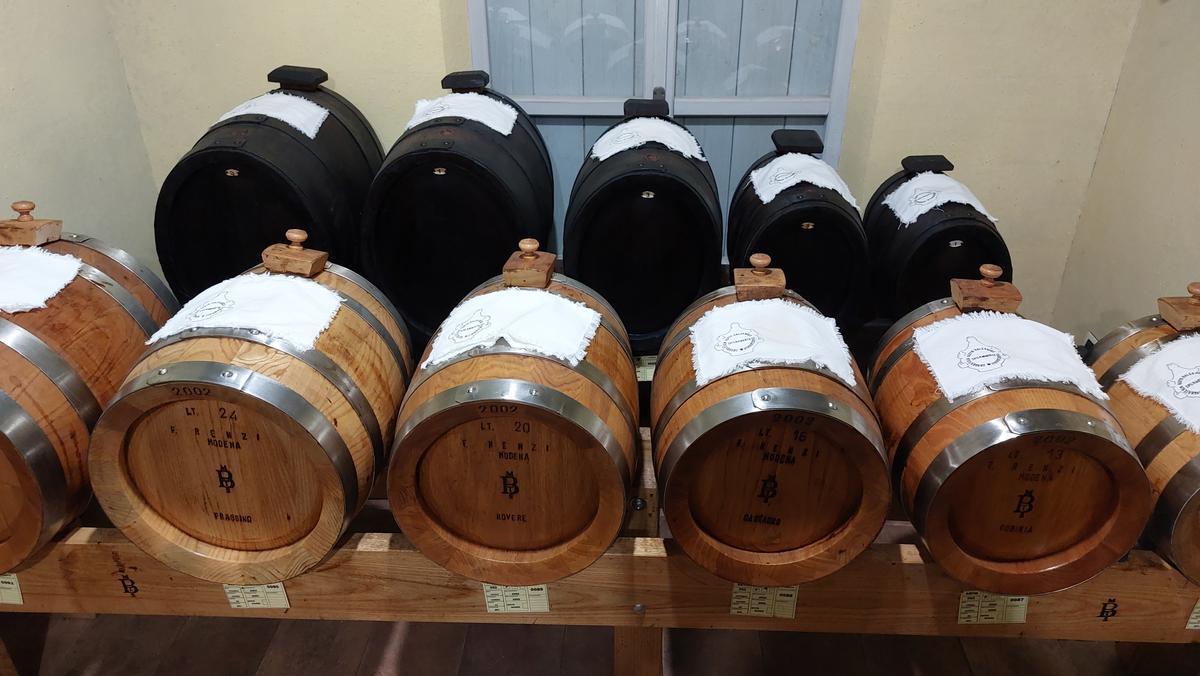 Barrels of balsamic vinegar age in the attic of the Museum of Traditional Balsamic Vinegar. (Kevin Revolinski)