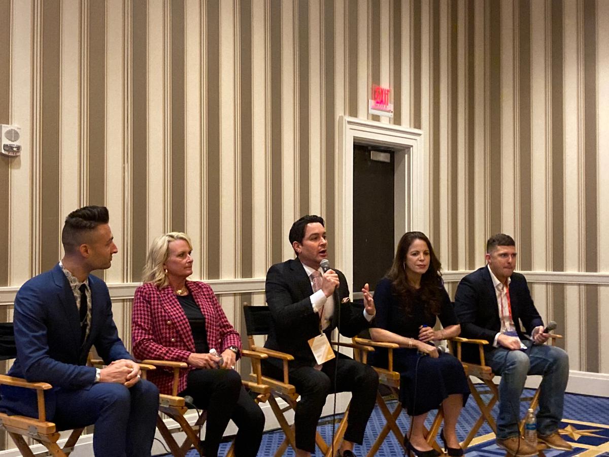 (L-R) John Strand, Julie Kelly, Brandon Straka, Dr. Simone Gold, and Derrick Evans speak at a CPAC session in Washington, D.C., on March 3, 2023. (Janice Hisle/The Epoch Times)