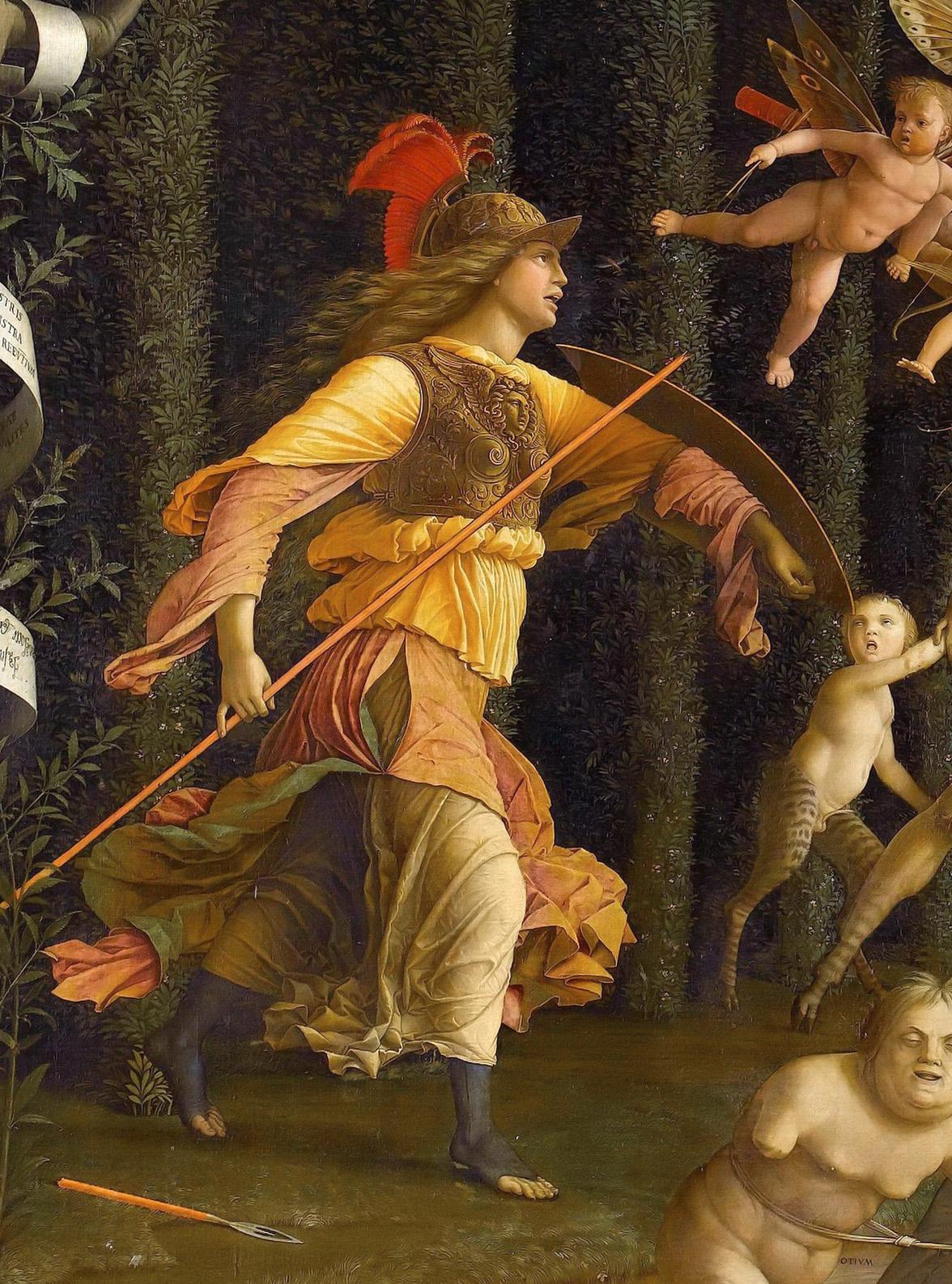 A detail of "Minerva Expelling the Vices from the Garden of Virtue" shows a magnificent goddess chasing out evil. The Louvre. (Public Domain)