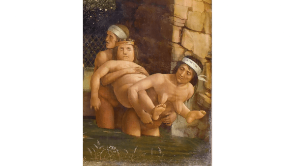 Avarice and Ingratitude jump into the swamp carrying Ignorance in detail of "Minerva Expelling the Vices from the Garden of Evil." (Public Domain)