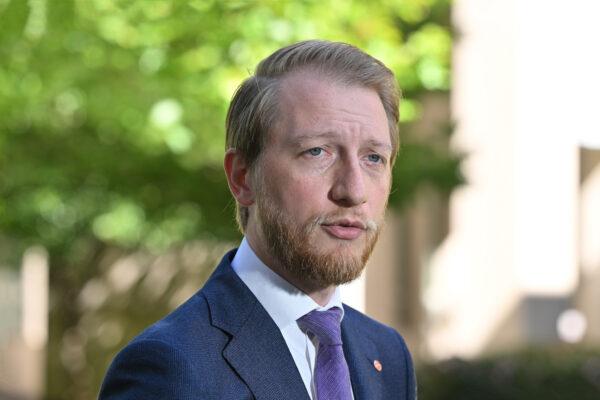 Shadow Minister for Cyber Security James Paterson at a press conference at Parliament House in Canberra on March 6, 2023. (AAP Image/Mick Tsikas)