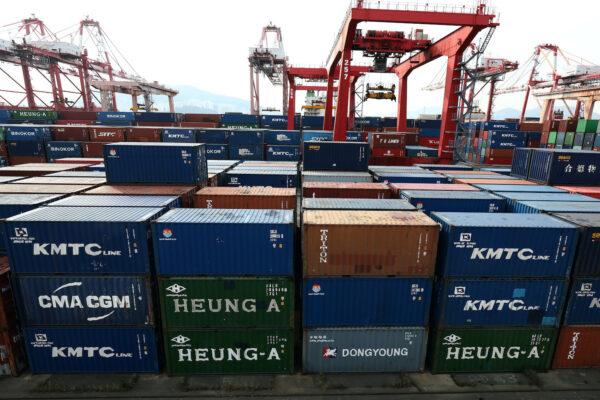 Shipping containers stacked in the container terminal at Busan Port, South Korea, on Nov. 5, 2021. (Chung Sung-Jun/Getty Images)