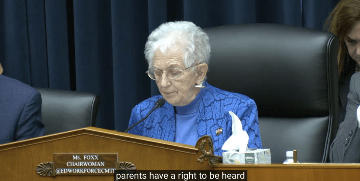 Rep. Virginia Foxx (R-N.C.), chair of the House Committee on Education & the Workforce, speaks during a session in Washington, D.C., on March 8, 2023, (Janice Hisle/The Epoch Times via screenshot of live video)