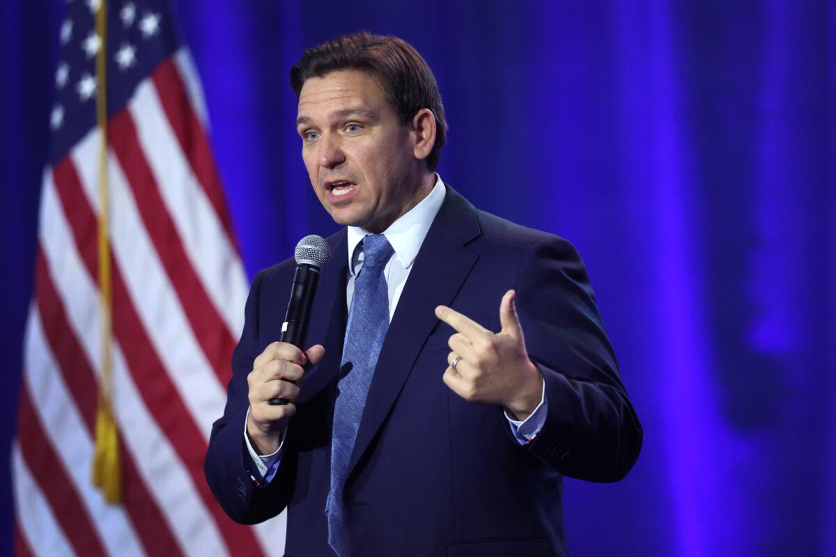 Florida Gov. Ron DeSantis speaks to Iowa voters at the Iowa State Fairgrounds in Des Moines, Iowa, on March 10, 2023. (Scott Olson/Getty Images)