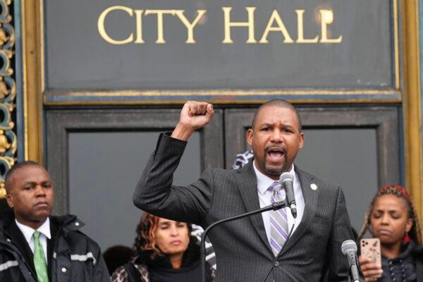 Supervisor Shamann Walton speaks at a reparations rally outside of San Francisco City Hall on March 14, 2023. (Jeff Chiu/AP Photo)