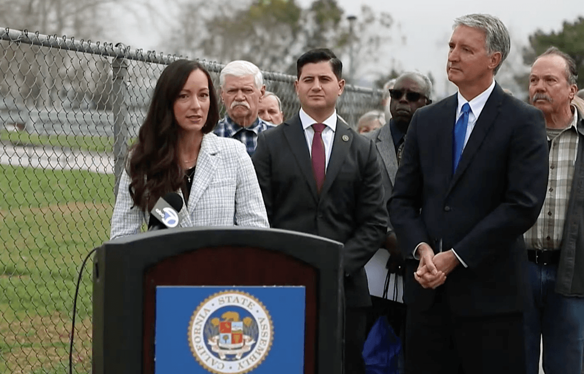 Teacher Jessica Tapia speaks at a press conference with Assemblyman Bill Essayli (C) and attorney Brad Dacus (R) at Jurupa Valley High School in Jurupa Valley, Calif., on March 13, 2023. (Screenshot via YouTube/Bill Essayli)